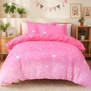 JSD Pink Stars Kids Duvet Cover Set Twin Size, 2 Piece Girls Space Theme